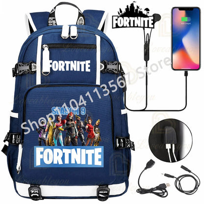 Ultima Knight F-Fortnited Battle Royale Backpack with USB Charging Anime Figures Study Stationery Compartment for Students