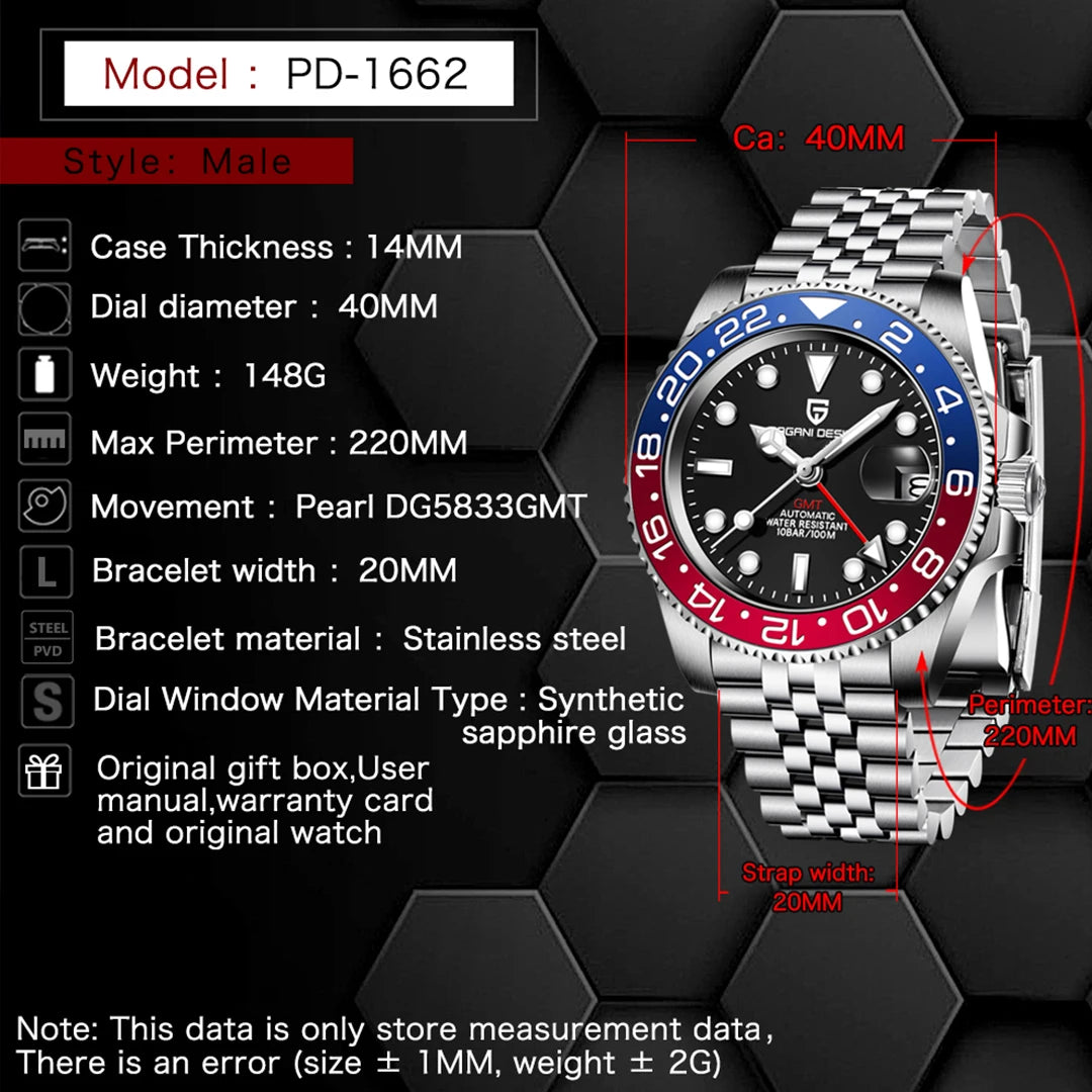2026 Nuevo reloj mecánico de lujo para hombre PAGANI DESIGN, acero inoxidable, GMT, marca líder, cristal de zafiro, reloj para hombre