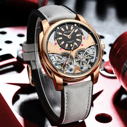 AILANG Automatic Mechanical Waterproof Sport Military Men Watch Luxury Double Tourbillon Man Wristwatch Leather Strap