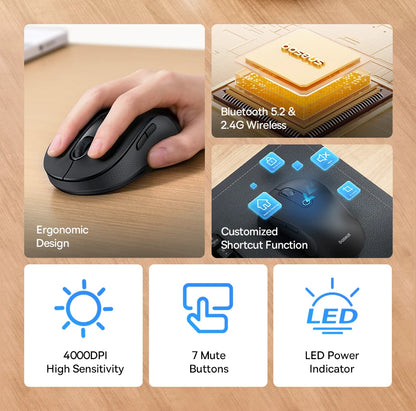 Baseus F02 Ergonomic Wireless Mouse with Bluetooth 5.2, 2.4G, 4000 DPI & 7 Silent Buttons