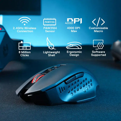 Brezžična gaming miška Redragon M656 Gainer, 4000 DPI, 2.4Ghz brezžična gamerska miška s 5 ravnmi DPI, 7 makro gumbi, rdeča LED-osvetlitev