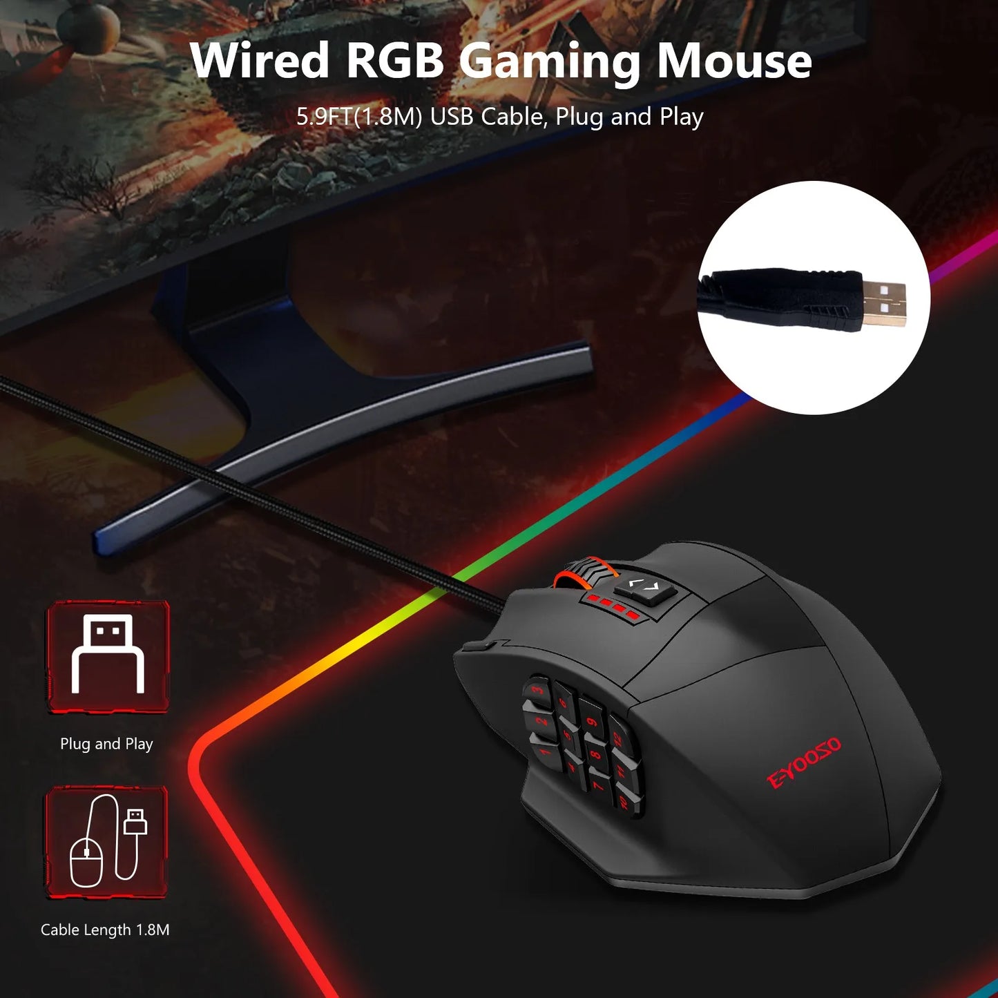 E-YOOSO X-39 Programmable Gaming Mouse, Wired RGB Mouse with 18 Buttons, 8 Removable Weights, 5 DPI, Ergonomic Grip for Computer