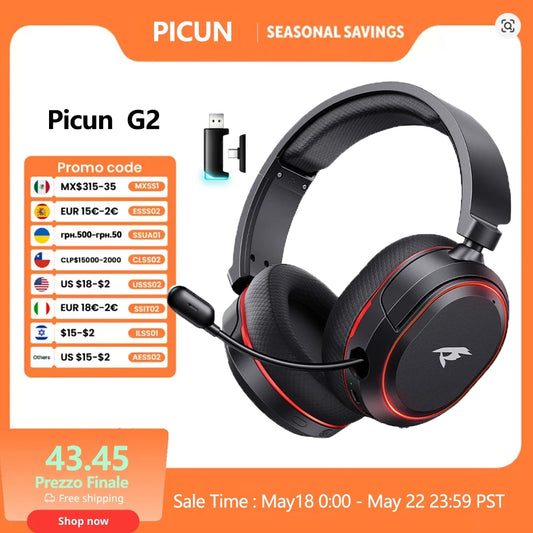 Picun G2 Wireless Gaming Headset Bluetooth 5.3 – 7.1 Surround Sound, ENC Microphone, 100H Battery, Low Latency Headphones for PC, PS5, PS4, Switch & Mobile