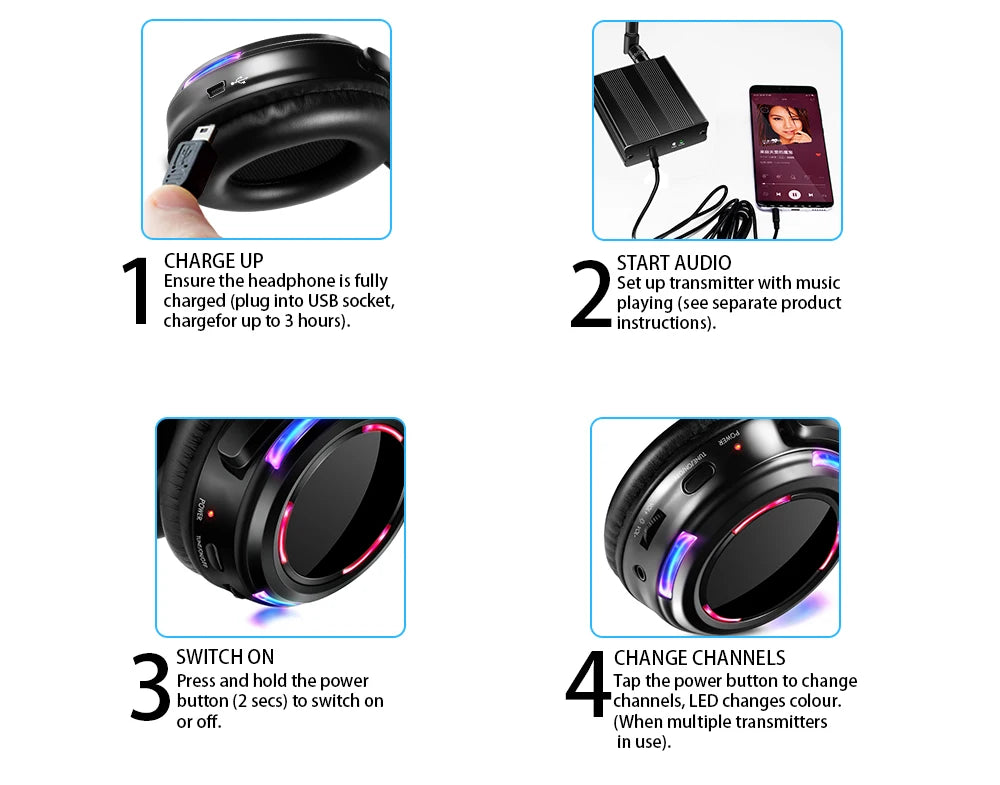 UHF RF Silent Disco Headphones Wireless DJ Headset System with 5 Headphones and 1 Transmitter, 500m Long Range Wireless Silent Party Headphones