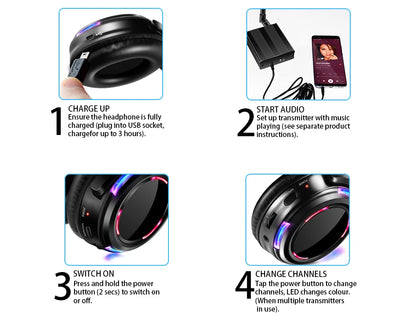 UHF RF Silent Disco Headphones Wireless DJ Headset System with 5 Headphones and 1 Transmitter, 500m Long Range Wireless Silent Party Headphones