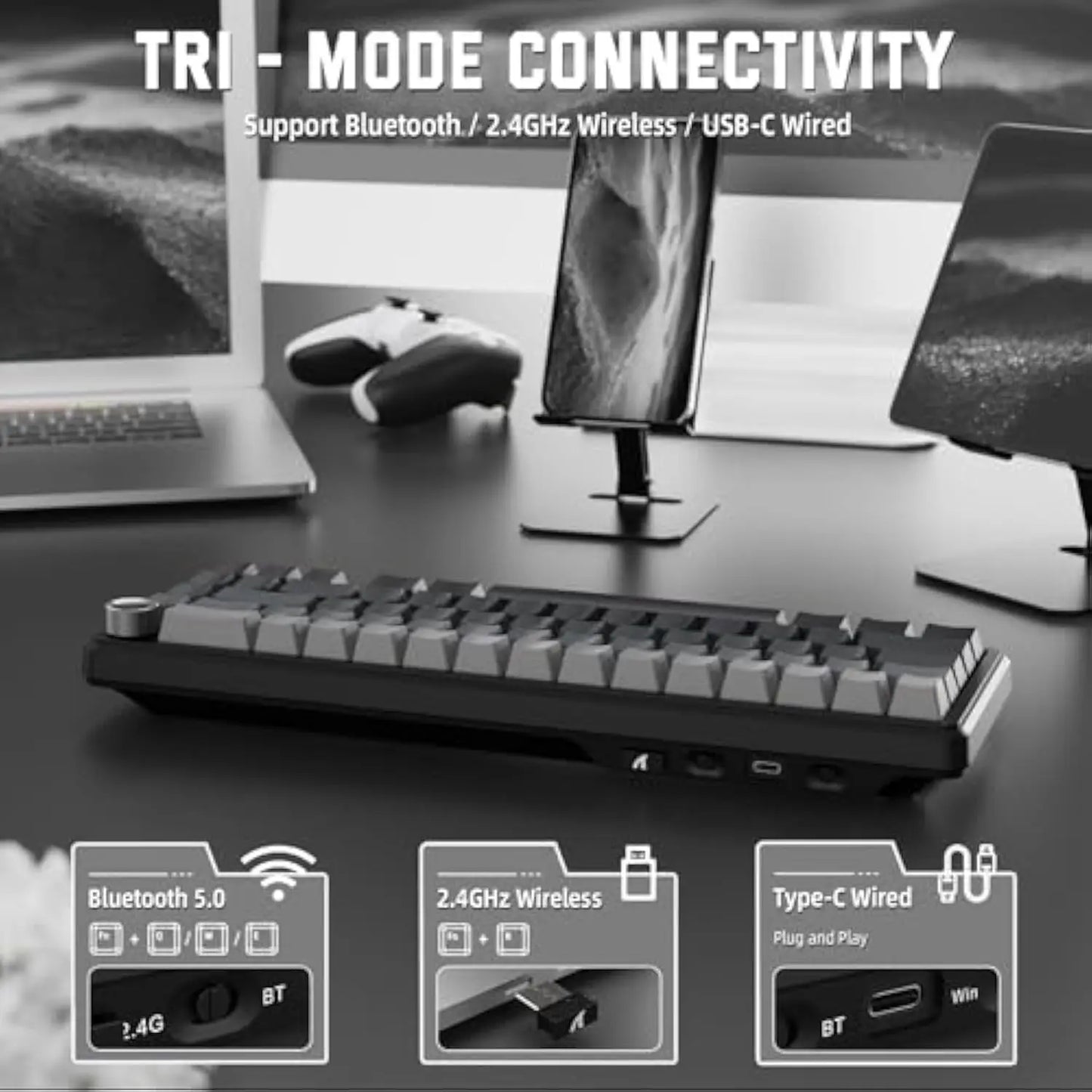 Attack Shark X66 Gasket Wireless Mechanical Gaming Keyboard with Volume Knob RGB Backlit Side Printed PBT Keycaps