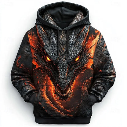 Sudadera con capucha 3D de dragón para hombre, moderna y llamativa, de manga larga, cuello redondo, estilo streetwear para diario, fiestas y vacaciones, otoño e invierno, chaqueta de chándal