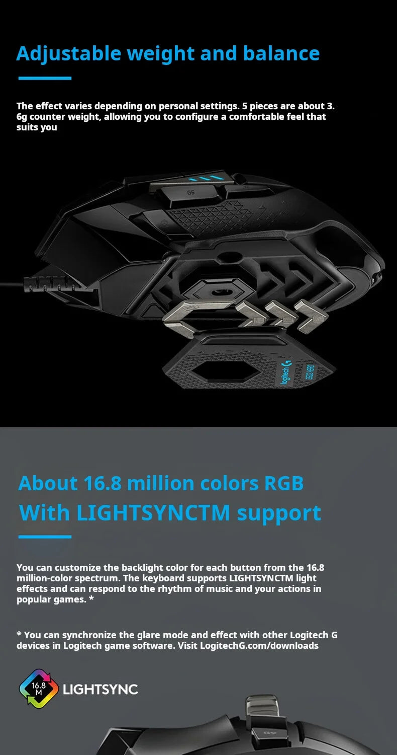 Logitech G502 HERO trådbunden gamingmus för e-sport, mekanisk mus med RGB-belysning, justerbar balans och programmerbara makron för Battle Royale