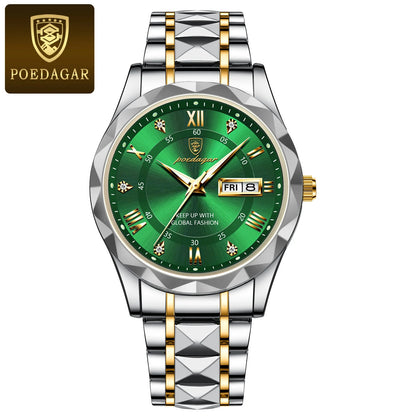 POEDAGAR Business Luxury Herrenuhr, wasserdicht, aus Edelstahl, beleuchtet, mit Datum und Wochentag, im Sport-Stil, mit Quarzwerk.