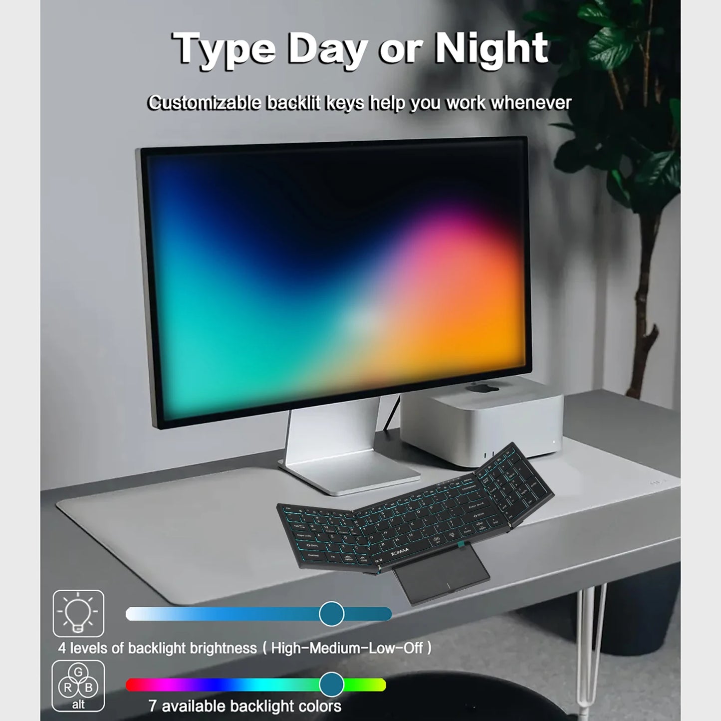Tastiera touchpad wireless Bluetooth Dual Mode portatile con retroilluminazione RGB, 98 tasti, tastiera da ufficio pieghevole per PC/Laptop/Mac - Nero