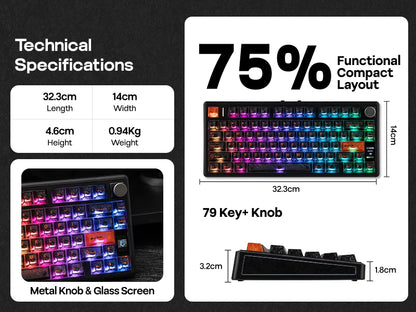 EPOMAKER TH80 V2 PRO 75% ANSI US Layout Wired/Bluetooth/2.4Ghz Wireless Mechanical Gaming Keyboard with Screen/ Knob & 10000mAh