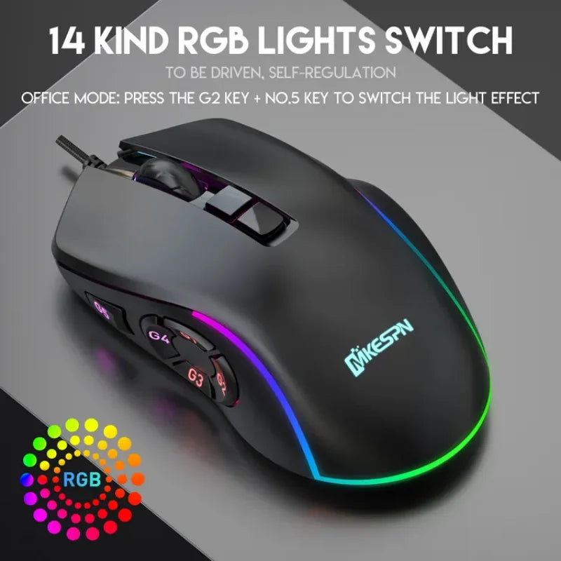 Vezetékes gamer irodai egér 7200DPI RGB háttérvilágítással, 6 állítható DPI-szinttel/10 programozható gombbal/asztalra visszalépő gombbal