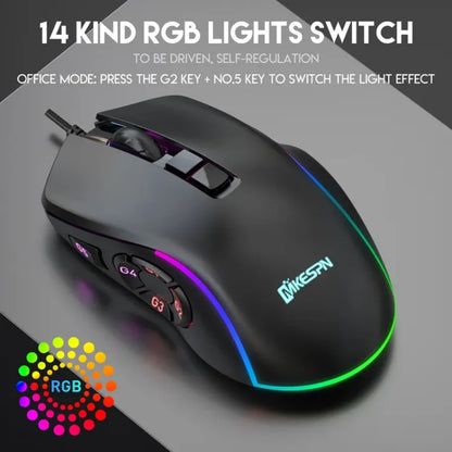 Vezetékes gamer irodai egér 7200DPI RGB háttérvilágítással, 6 állítható DPI-szinttel/10 programozható gombbal/asztalra visszalépő gombbal