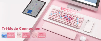 YUNZII B87 Pink Mechanical Gaming Keyboard, QMK/VIA Custom Gasket RGB Keyboard, Wireless Aesthetic Keeb, Wrist Rest for Win/Mac