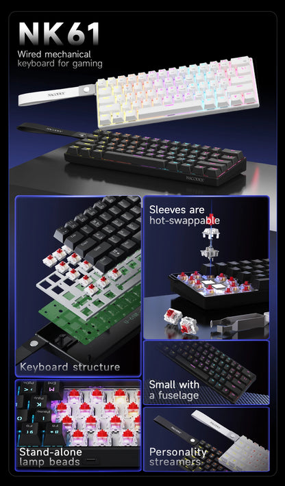 Ajazz NK61 Wired Mechanical Keyboard 60% Mixed Color RGB Hot-Swap 61 Keys Gaming Keyboard Rad Switch for Esports Gamers