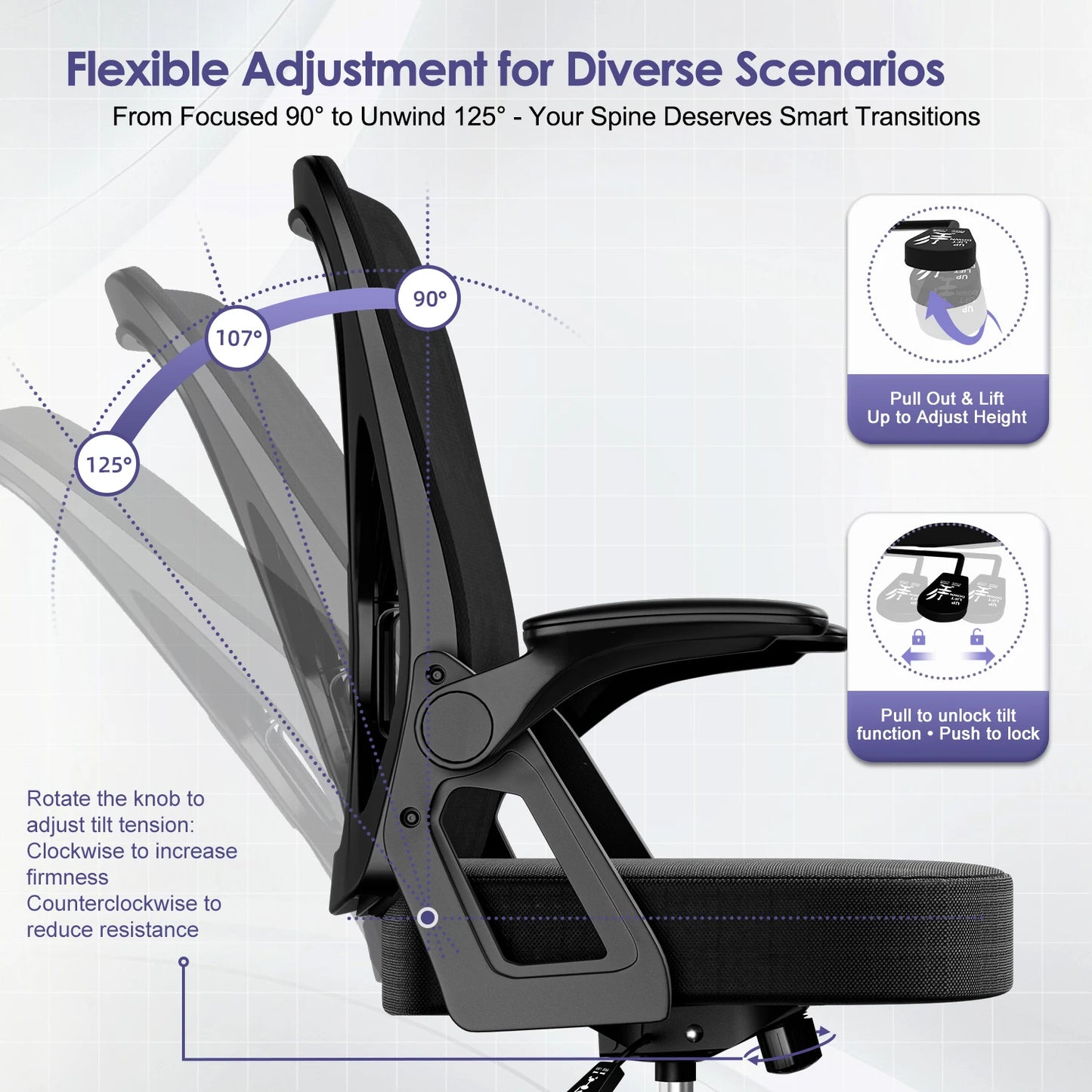 AUTHMIC Ergonomic Office Chair with Lumbar Support, Mesh Back, Flip-Up Armrests, Adjustable Height, Reclining Desk Chair for Home Office