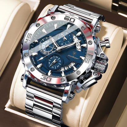 Orologio da uomo di lusso POEDAGAR, luminescente, impermeabile, cronografo, datario, acciaio inossidabile, al quarzo, Reloj