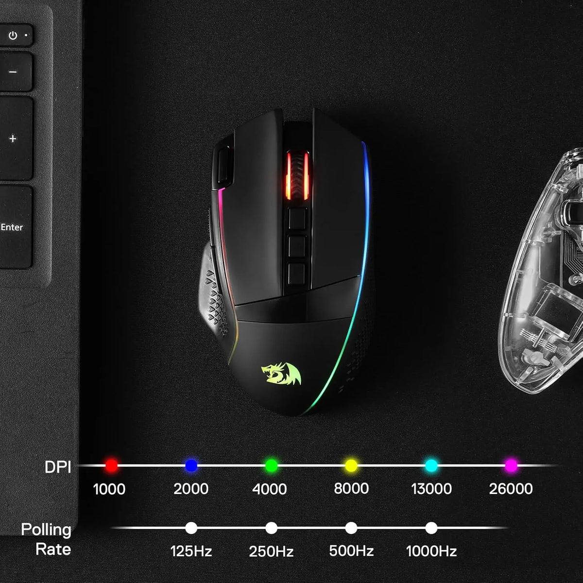 Rato Gaming Sem Fios Redragon M991 26000 DPI 3 Modos para Jogadores, 9 Botões Macro, Iluminação RGB, Preto
