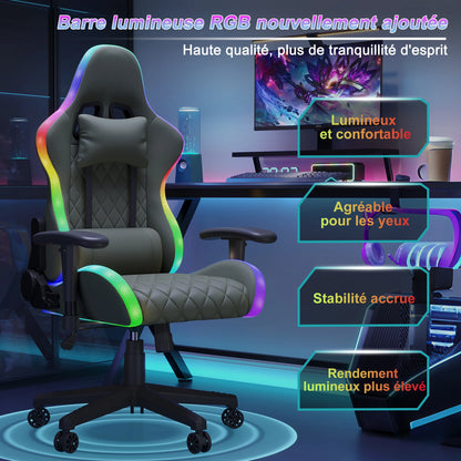 Rosahqnda Gaming Chair with Massage Function, LED Lights, Ergonomic Gaming Chair, Adjustable Reclining Computer Chair with Lumbar Support, Headrest & 150KG Capacity