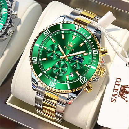 OLEVS men’s watch, luxury brand, gold-coloured military-style quartz watch, water-resistant, luminous date display, stainless steel case.
