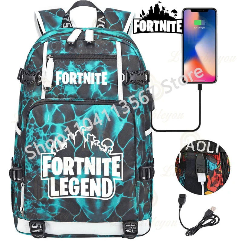 Yule Trooper F-Fortnited Battle Royale Rucksack mit USB-Ladeanschluss, Anime-Figuren, Lern- und Schreibwarenfach für Schüler