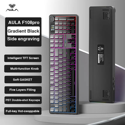 AULA F108 Pro Wireless Bluetooth Keyboard Macro Gaming Keyboard Gasket Hot-Swap Full Size Keyboard with TFT Smart Display