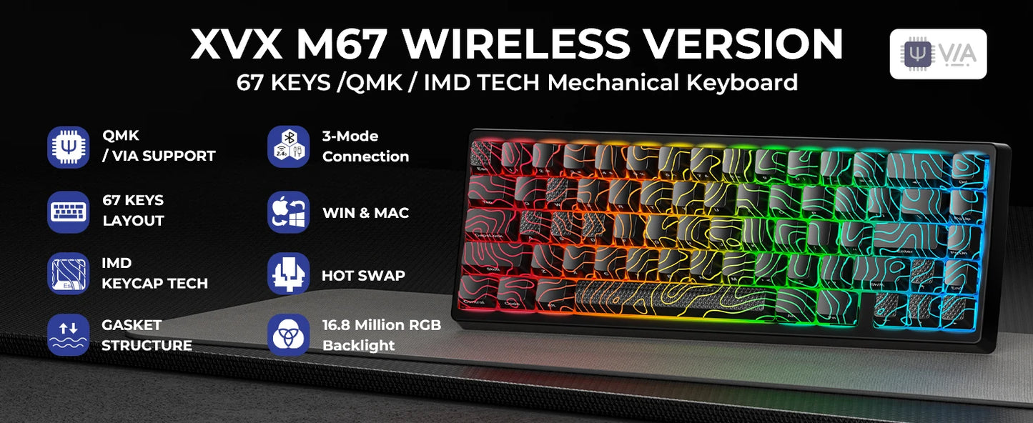 XVX M67 JadeStone Mechanical Keyboard 65% Tri-Mode Wireless Keyboard, Hot Swappable RGB Mechanical Keyboard with IMD Keycaps, Gasket Mount Gaming Keyboard