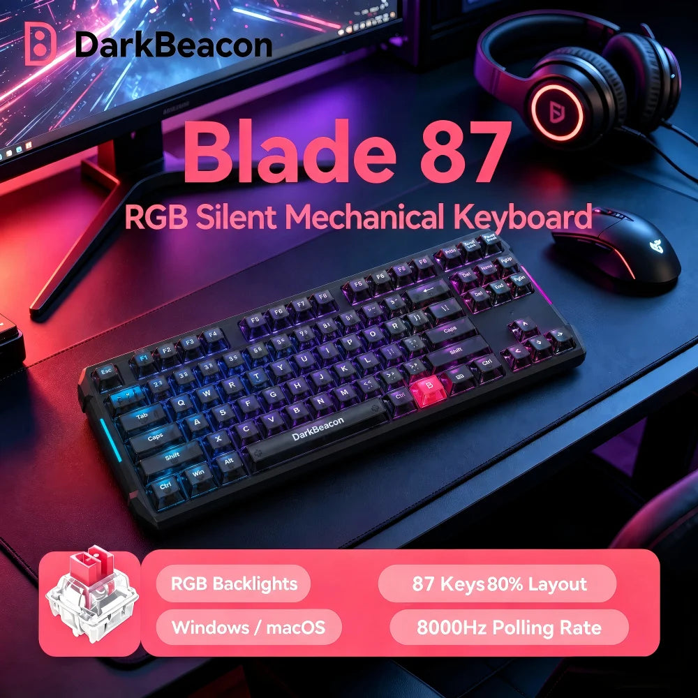 DarKBeacon RGB 87 Keys Compact TKL Keyboard USB Wired Hot-Swappable Silent Mechanical Keyboards for Windows Laptop PC Game Work