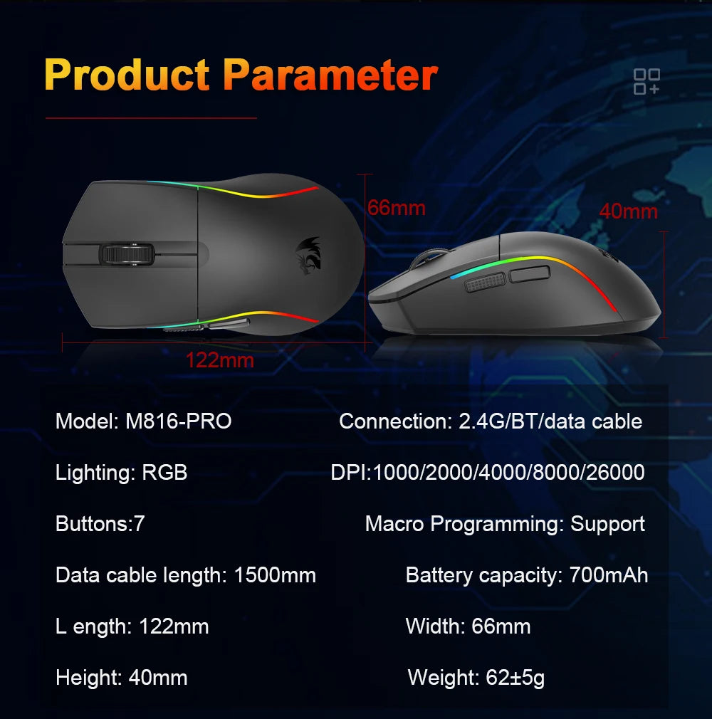REDRAGON M816 PRO Gaming Mouse 26000 DPI Wireless RGB Gaming Mouse, Tri-Mode 2.4G Bluetooth Wired Mouse with PAW3395 Sensor