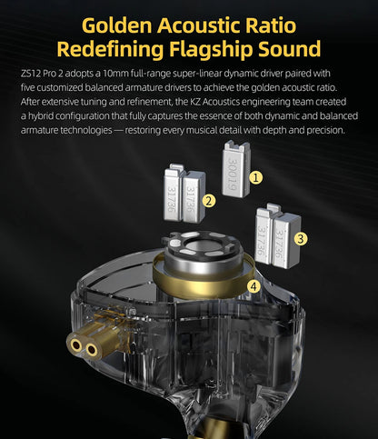 KZ ZS12 PRO 2 Hybrid IEM Earphones – HiFi Bass Wired Gaming Earbuds with Super-Linear Drivers