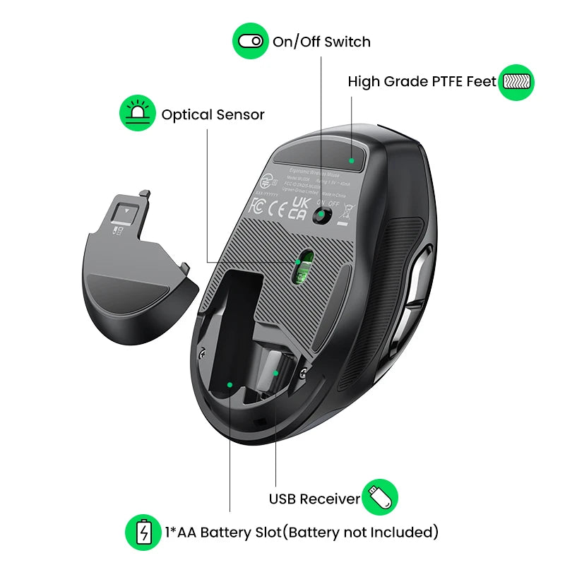 UGREEN Wireless Ergonomic Mouse 4000 DPI Silent Wireless Mouse with 6 Buttons, 2.4G & Bluetooth Ergonomic Mouse for Laptop, MacBook, PC & Tablet