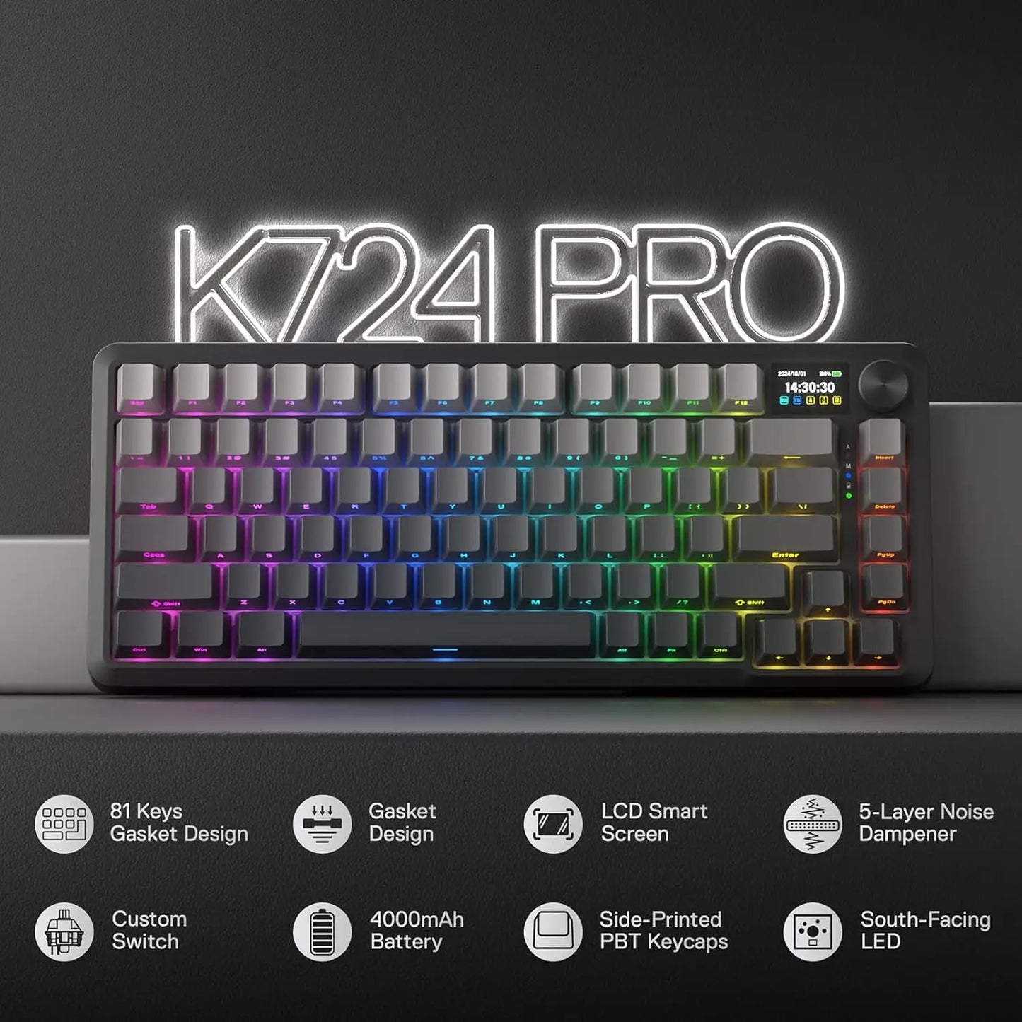 Redragon K724 PRO Wireless Gasket Gaming Hot-Swap South-Facing RGB Socket, Gradient PBT Keycaps Keyboard