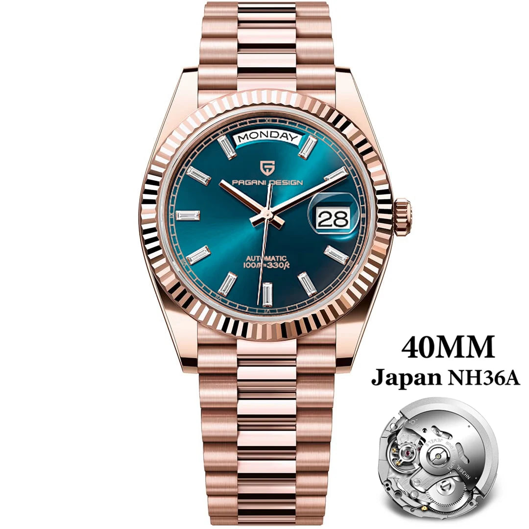 PAGANI DESIGN 2026 New Gold Green 40MM Date Week Men's Watches Automatic Watch Men AR Sapphire Glass NH36A Mechanical Wristwatch