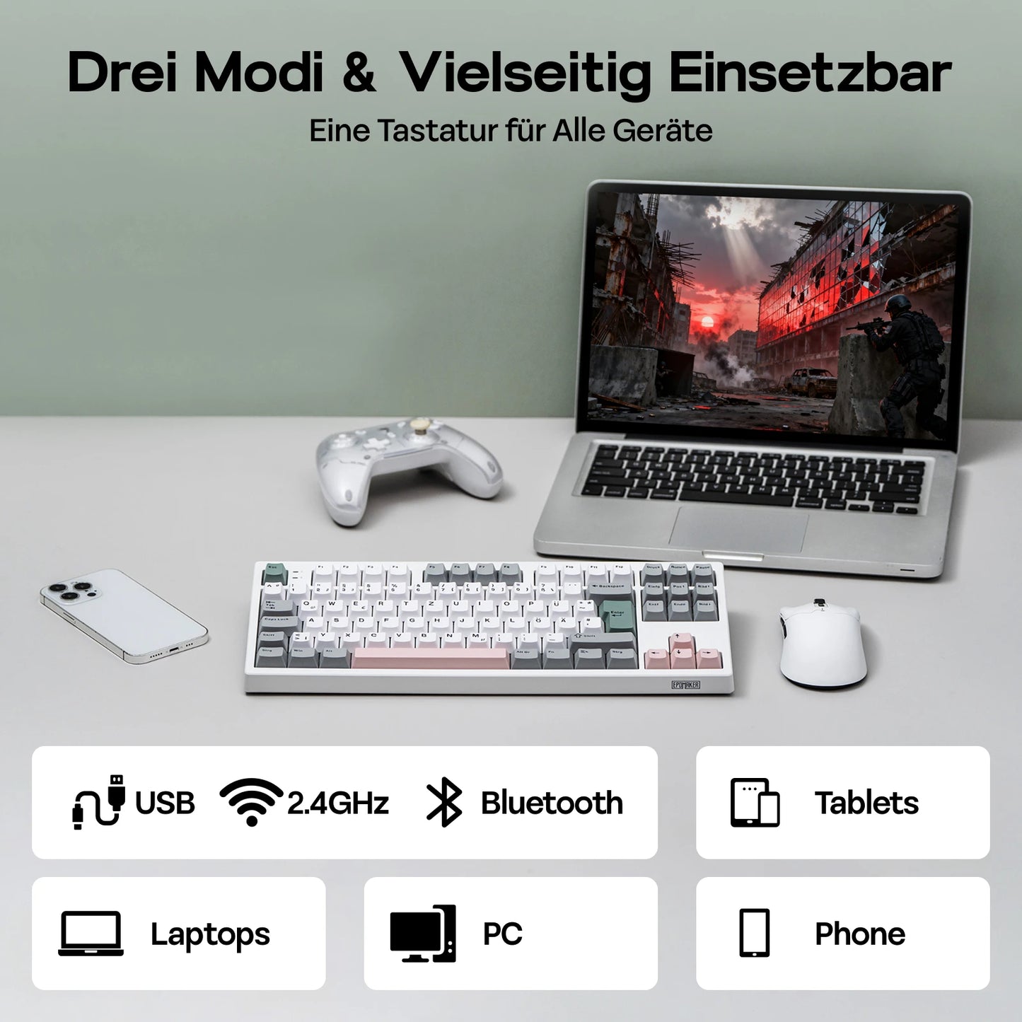 EPOMAKER TH87 ISO-DE Tenkeyless TKL Layout Wired/Bluetooth/2.4 GHz Wireless Mechanical Keyboard with 10000mAh Battery for PC/Mac