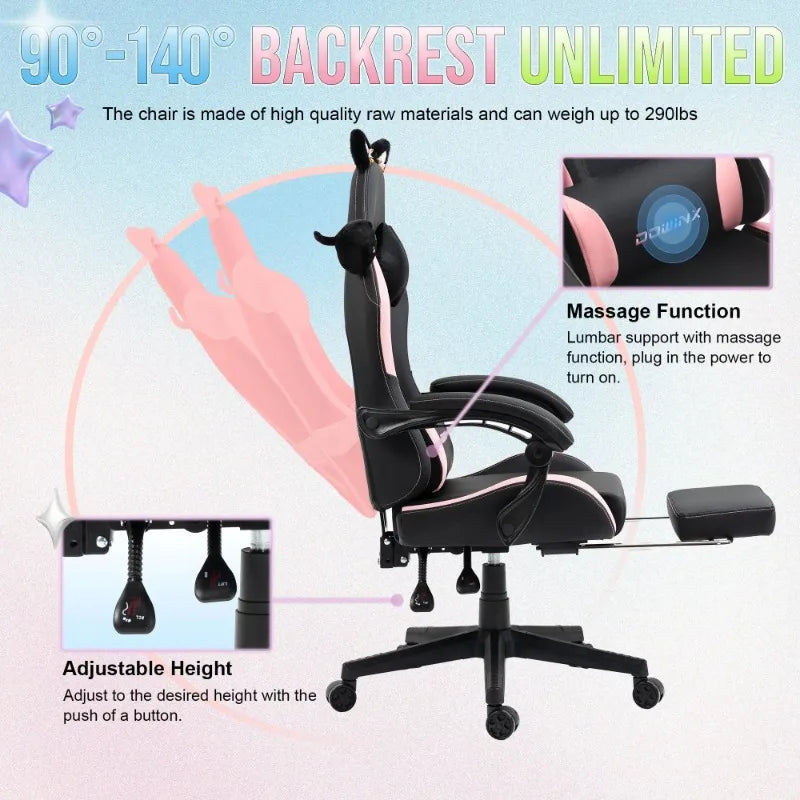Cute Gaming Chair with Cat Ears, Pink Kawaii Ergonomic Gamer Chair with Footrest, Cat Paw Lumbar Support, High Back Computer Gaming Chair