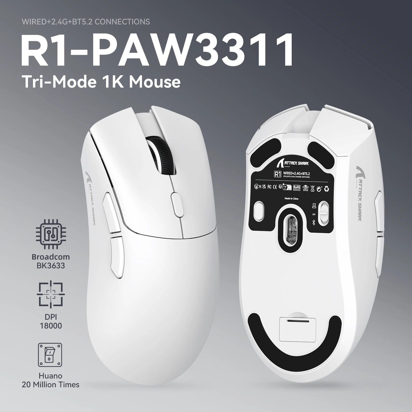 Rato Gaming Tri-Mode ATTACK SHARK R1, Sensor PixArt PAW3311, 18000 DPI, 1000hz, ultraleve 59g para mãos grandes, para PC/Mac