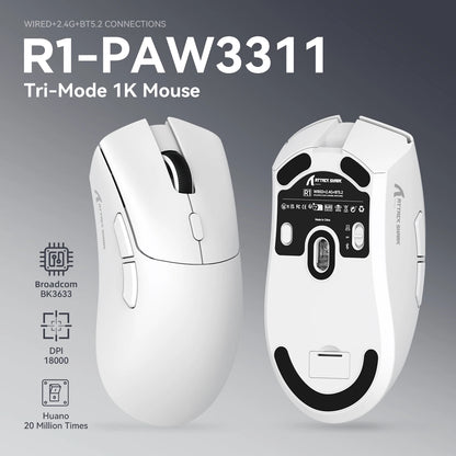 Rato Gaming Tri-Mode ATTACK SHARK R1, Sensor PixArt PAW3311, 18000 DPI, 1000hz, ultraleve 59g para mãos grandes, para PC/Mac