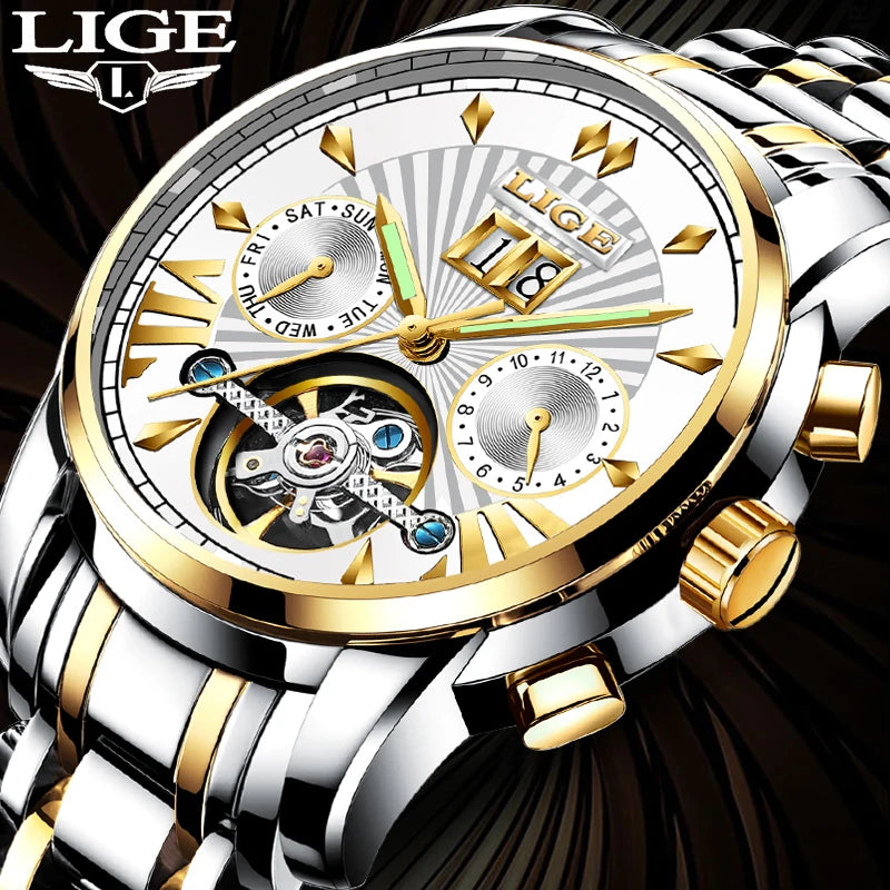 LIGE automatische mechanische polshorloges voor heren – Luxe horloge uit het topsegment met tourbillon, elegant en waterdicht model, ideaal voor op het werk of formele gelegenheden.