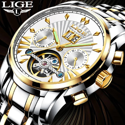 LIGE automatische mechanische polshorloges voor heren – Luxe horloge uit het topsegment met tourbillon, elegant en waterdicht model, ideaal voor op het werk of formele gelegenheden.