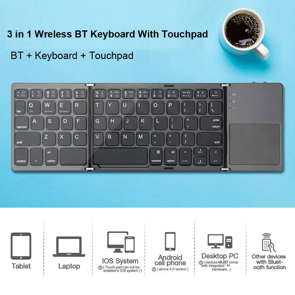 2026 Folding Bluetooth Keyboard Wireless Klavye English Russian with Type-C Charge Port for IOS/Android/Windows ipad Tablet