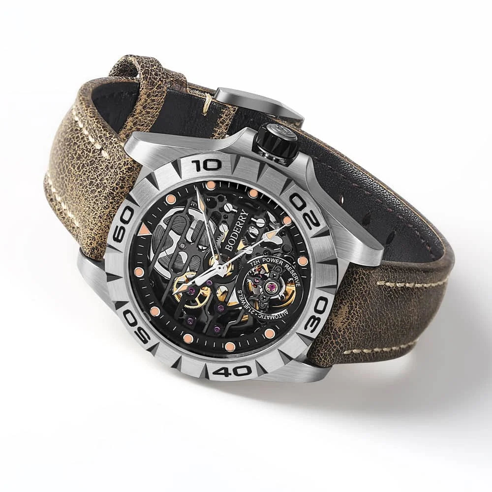 Boderry Urban Men's Titanium Watches Top Brand Fashion Skeleton Automatic Mechanical Waterproof Watch Hi-beat 72H Power-reserve
