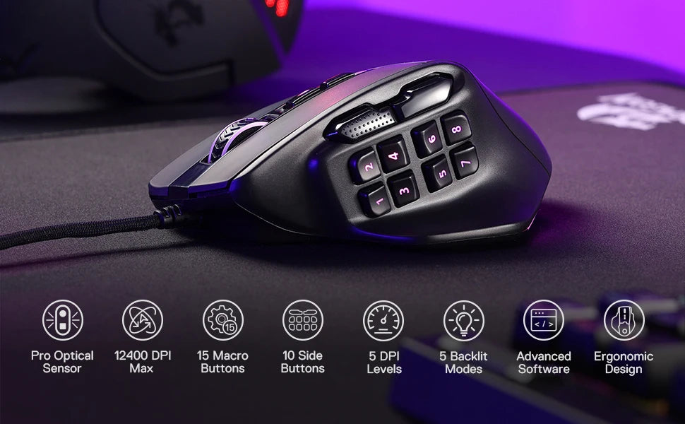 Redragon M811 Aatrox MMO геймърска мишка, кабелна RGB мишка за геймъри с 15 програмируеми бутона и ергономична конструкция за естествен захват