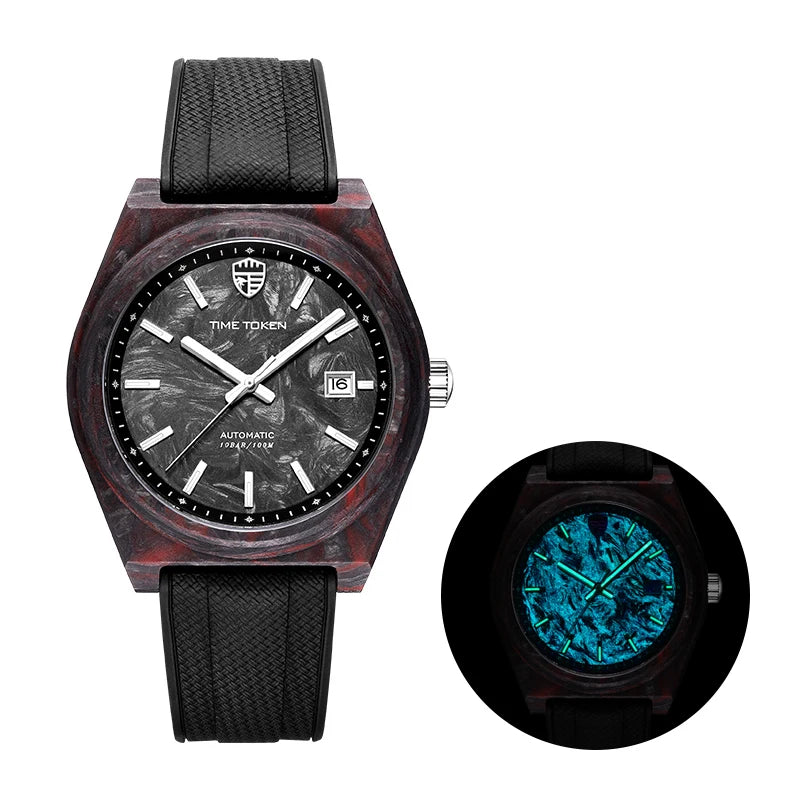 TIME TOKEN  Limited Edition 41mm Luminous Magic Carbon Fiber Men's Automatic Mechanical Watches Calendar Miyota8215 Movement