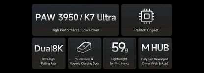 MCHOSE K7 Ultra bežični gaming miš PAW3950, dvostruka 8K stopa odziva, lagani magnetski stalak za bežično punjenje, za e-sport i ured