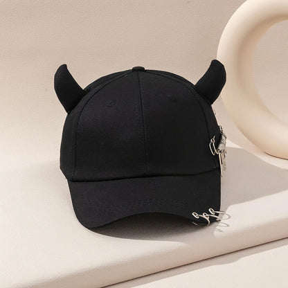 Personalized cow horn iron ring baseball cap versatile student curved brim duckbill cap for men and women street hip-hop