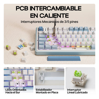EPOMAKER AULA F75 ISO-ES 75% QWERTY español, teclado mecánico gaming inalámbrico con cable/Bluetooth/2.4GHz, hot-swap, montaje gasket y retroiluminación RGB
