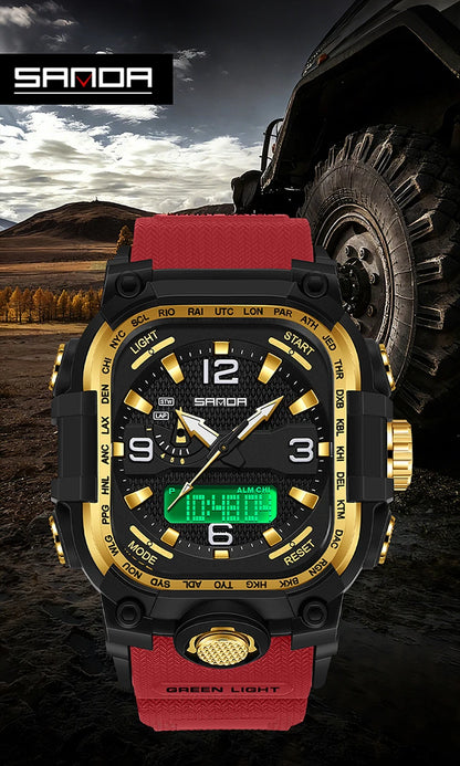 SANDA 6310 Men's Electronic Watch Multifunctional Luminous Alarm Clock Calendar Stopwatch Dual Display Digital Watches for Man