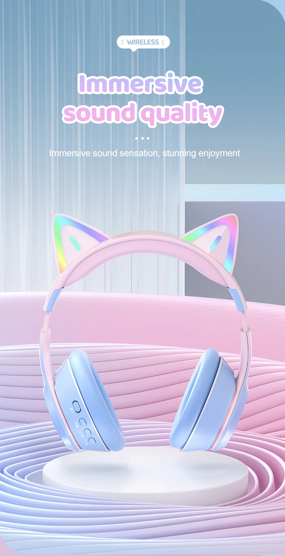 RGB Cat Ear Bluetooth Headphones Wireless Kids Headset with Microphone, Gradient LED Light Gaming Headphones, Stereo Music Bluetooth 5.3 Earphones for Girls