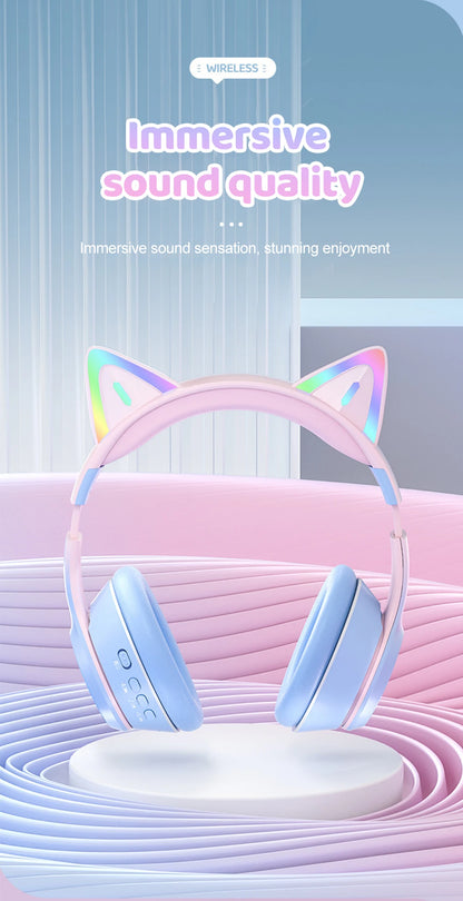 RGB Cat Ear Bluetooth Headphones Wireless Kids Headset with Microphone, Gradient LED Light Gaming Headphones, Stereo Music Bluetooth 5.3 Earphones for Girls