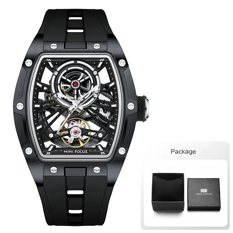 Ανδρικό ρολόι καρπού MINI FOCUS, μοντέρνο μαύρο, αδιάβροχο, αυτόματο μηχανικό, με φωσφορίζοντες δείκτες, λουράκι σιλικόνης και καντράν tonneau
